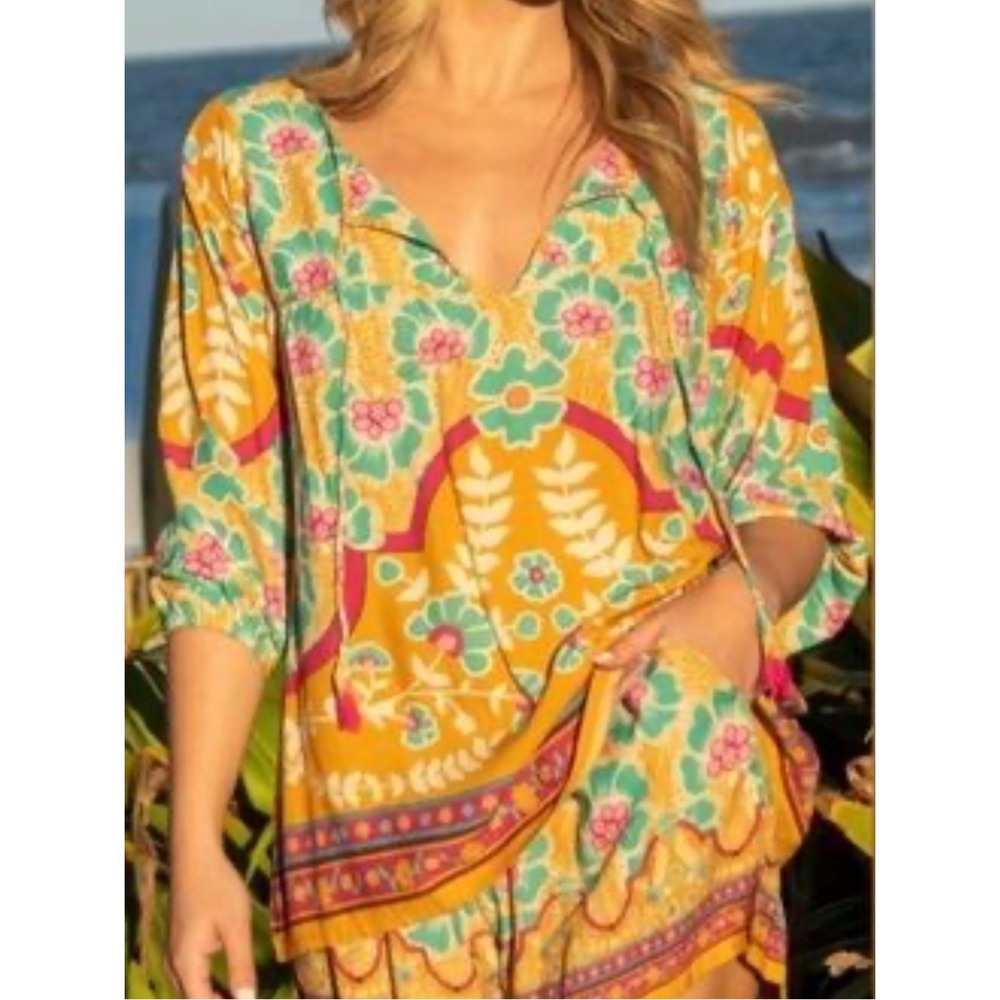 Natural Life Medium Colorful Floral Rayon Vneck 3/4 Balloon Sleeve Tunic Top
